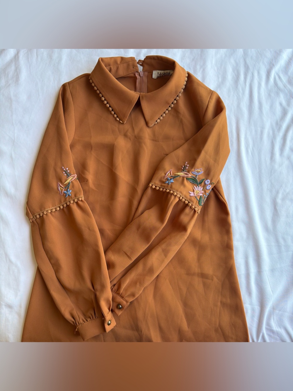 Women's Embroidered Collared Shift Dress - Rust Color - Picture 5 of 10